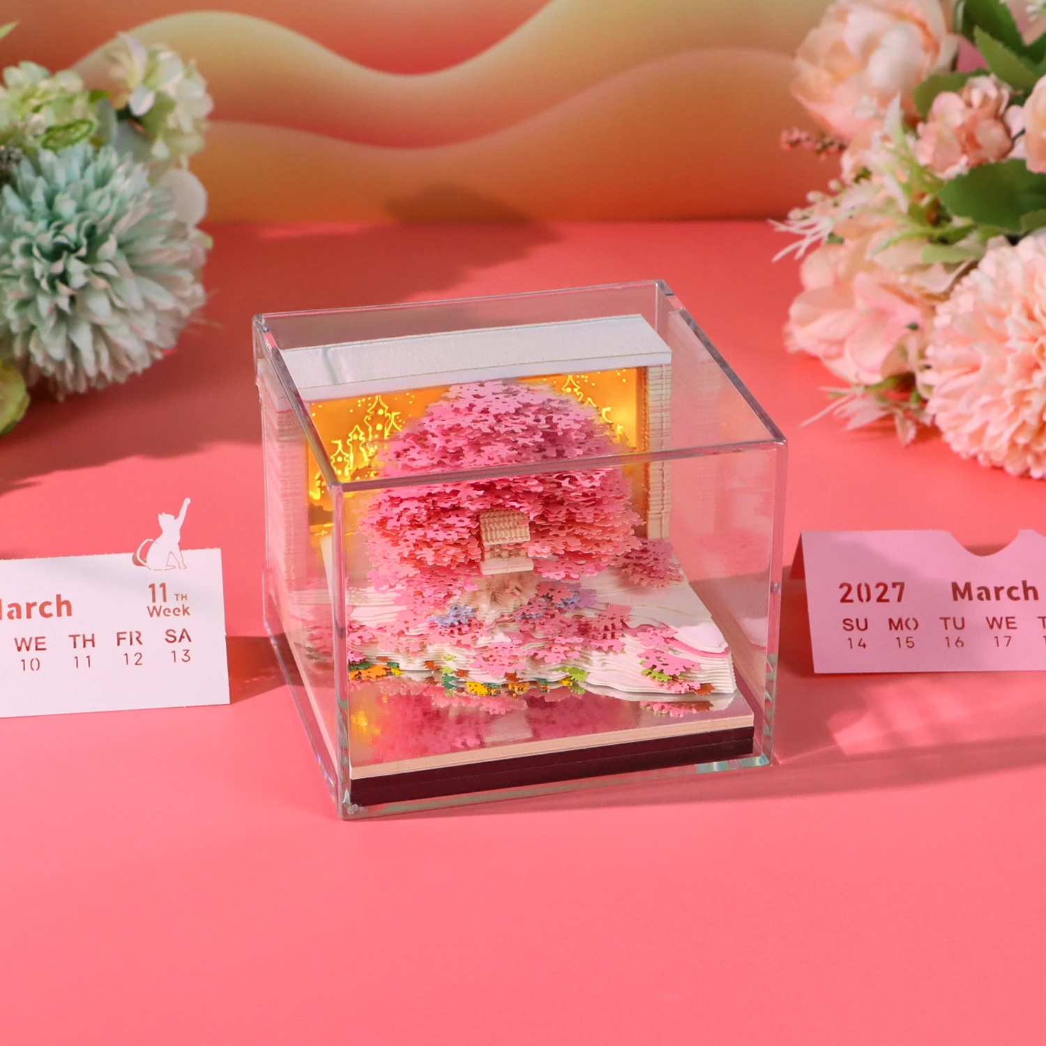 kx_1601894021727-2 کالندر هنری 3D مدل Sakura Shrine Treehouse 2027 با طراحی باغ رویایی و پایه آینهای و نور پسزمینه LED (ارسال 15 روز کاری)