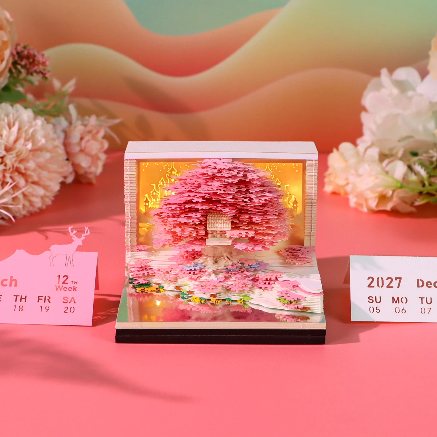 kx_1601894021727-5 کالندر هنری 3D مدل Sakura Shrine Treehouse 2027 با طراحی باغ رویایی و پایه آینهای و نور پسزمینه LED (ارسال 15 روز کاری)